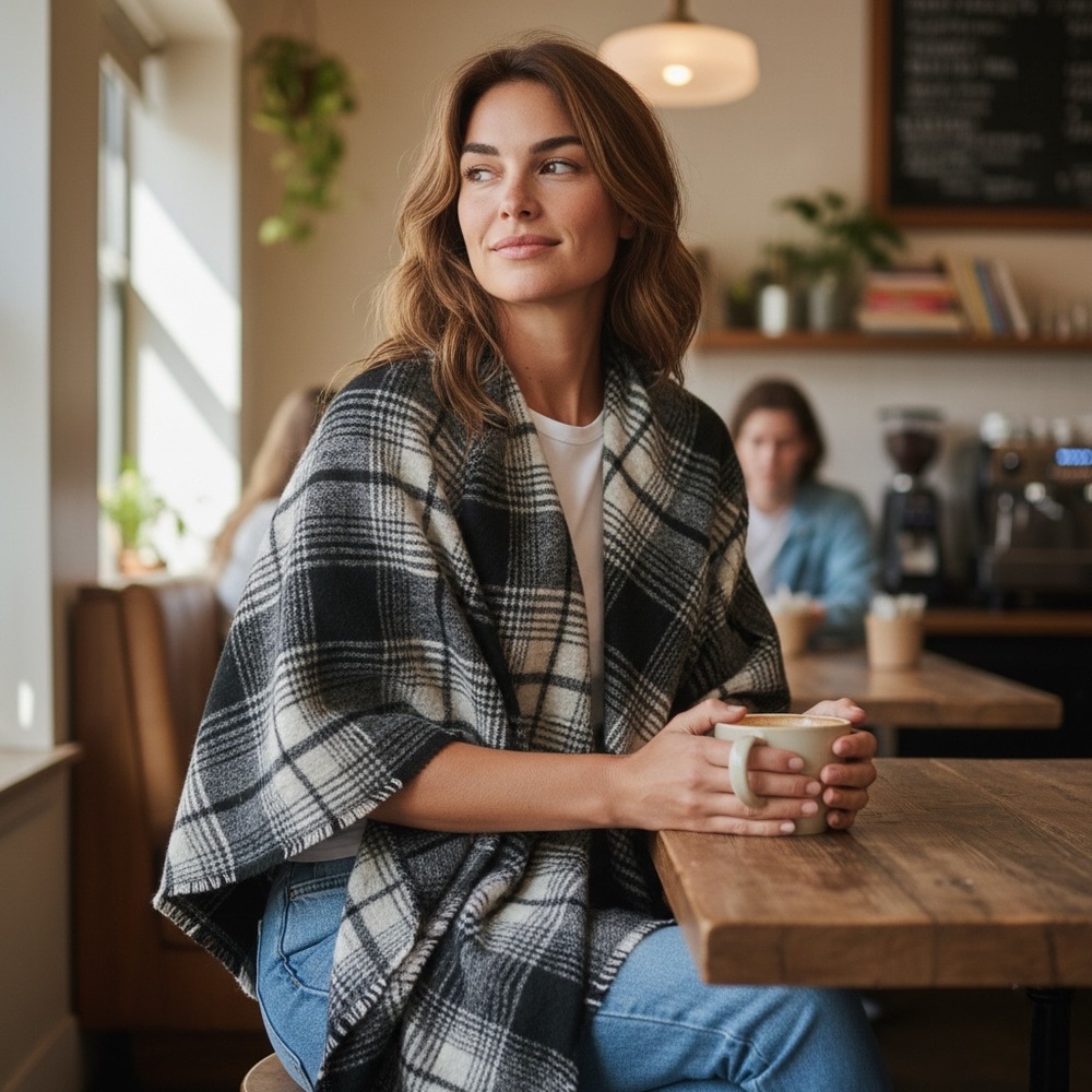 NWT Old Navy Black and White Plaid Flannel Open Front Poncho, One Size